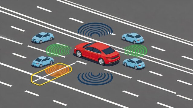Autonomous car sensor detection system on highway, self-driving vehicle technology with radar and lidar scanning surrounding traffic for safe navigation and collision avoidance