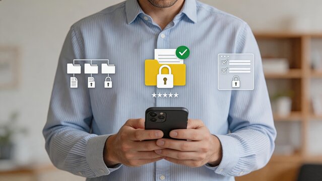 Man using smartphone with digital folder security, file management, data protection icons, cloud storage access, password authentication, secure document handling technology