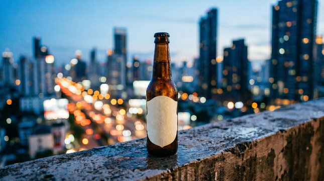 Blank amber glass beer bottle mockup with condensation standing on a concrete rooftop ledge with a blurred city skyline and twilight traffic lights background