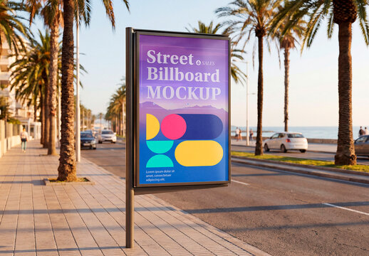Beach promenade billboard mockup with palm trees