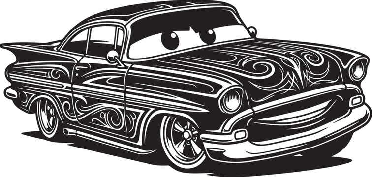 Vintage automobile illustration with decorative swirls and cartoon features