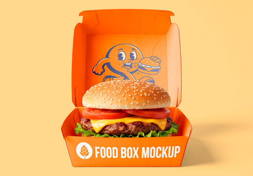 Open burger takeaway box mockup with cheeseburger