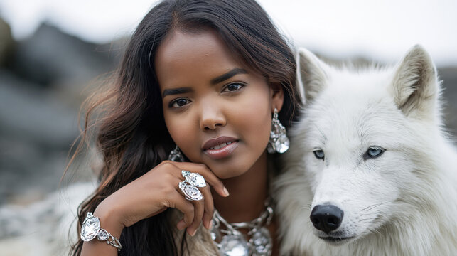 Somali woman white wolf silver jewelry portrait beauty fashion necklace earring ring bracelet in serene outdoor setting showing graceful connection and calm strength
