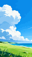 Fototapeta premium Vibrant sky holds fluffy white clouds above serene blue ocean