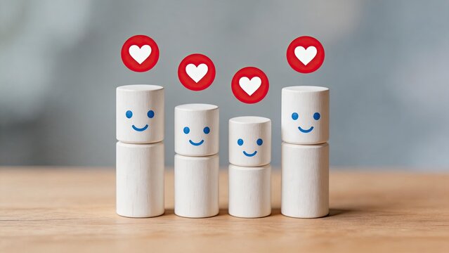 Customer satisfaction rating with smiley wooden blocks and heart icons, feedback survey, positive review, social media like symbol, service quality evaluation concept