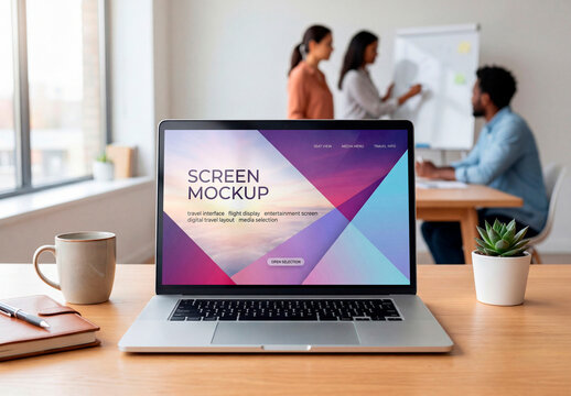 Laptop mockup on desk with blank screen in modern office