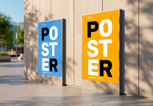 Two blank billboard posters mockup on modern concrete wall with shadows