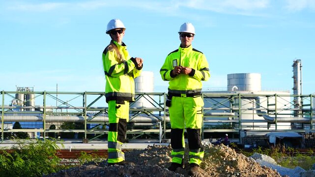 Male and female engineering staff members, dressed in uniforms and helmets, walked around discussing blueprints and working together to successfully build a petrochemical plant and oil refine