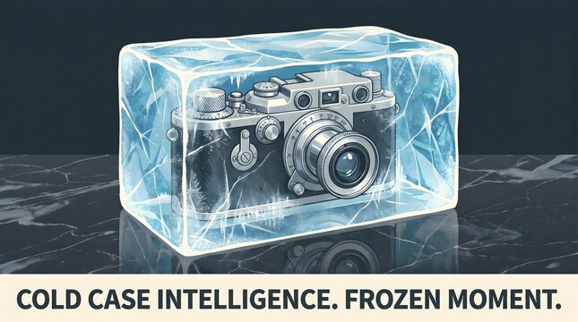 Vintage camera frozen in ice block