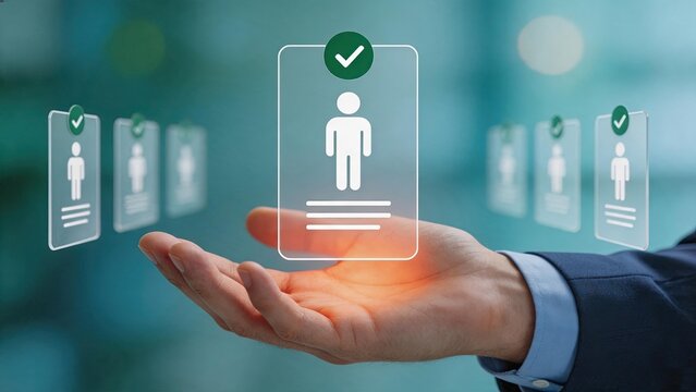 Human resources recruitment concept showing verified candidate profiles in hand, employee selection and talent acquisition strategy with digital identity cards for hiring process