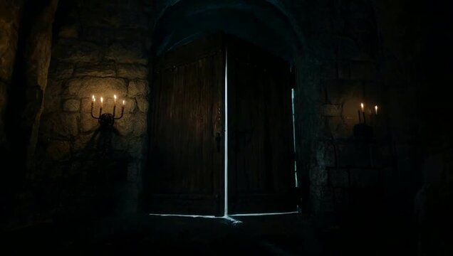 Mysterious Figure Behind Closing Castle Gates in Foggy Light