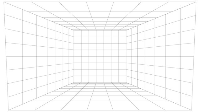 Abstract perspective grid in a wireframe room with vanishing point and dotted lines
