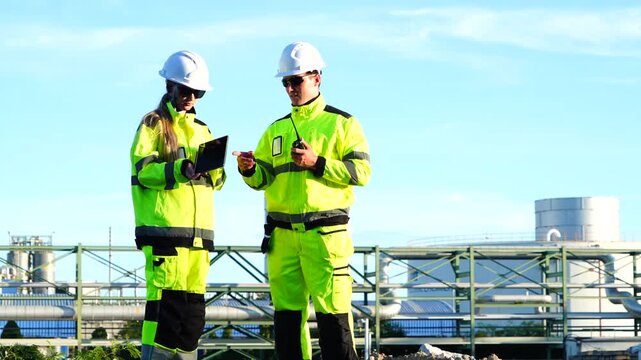 Male and female engineering staff members, dressed in uniforms and helmets, walked around discussing blueprints and working together to successfully build a petrochemical plant and oil refine