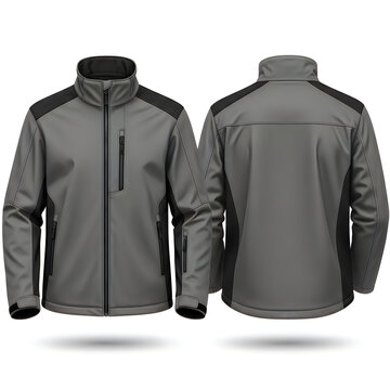 Grey and black softshell jacket front and back view isolated on white background