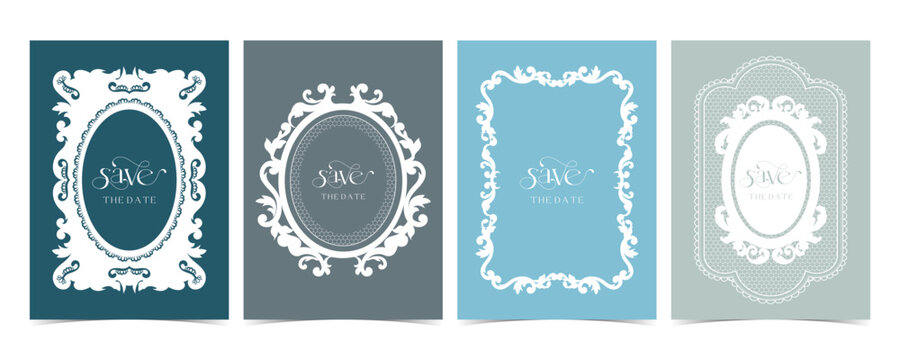 Blue White Lace Wedding Invitation Card Vector Set