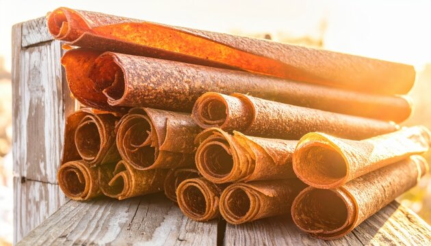 Sun-dried artisanal fruit leather strips exhibiting earthy textures, rolled and piled on a wooden surface