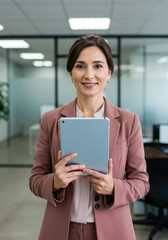 Obraz premium Confident businesswoman holding a digital tablet in a modern office, smiling for corporate communication, executive leadership marketing and hr management recruitment