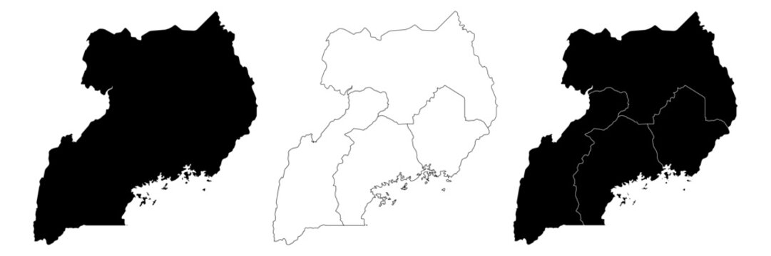Uganda vector map in white background.Uganda political map. Low detailed. Solid simple style.Uganda map silhouette linear and black illustration. Black and white. Vector editable	