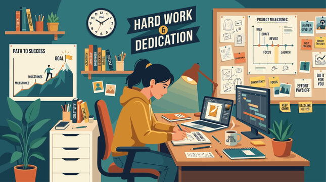 Woman celebrates Labor Day with dedication to hard work at her office desk