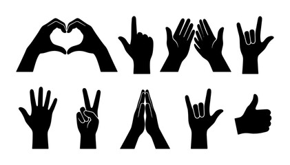 Fototapeta premium Diverse Hand Gestures Vector Icons Set: Love, Counting, Praying, Rock On, Thumbs Up, High Five, Peace Sign, Pointing