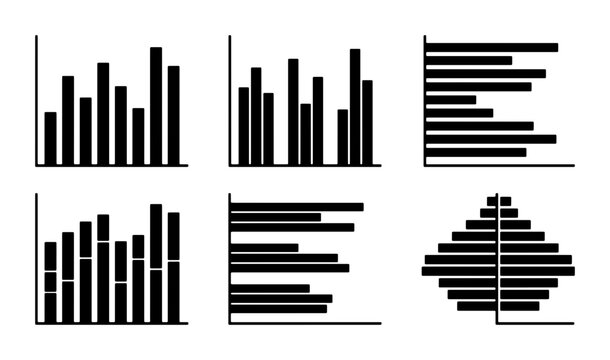 Data Visualization Icons: Bar Charts, Horizontal Graphs, Pyramid Diagram, Business Analytics Vector Set