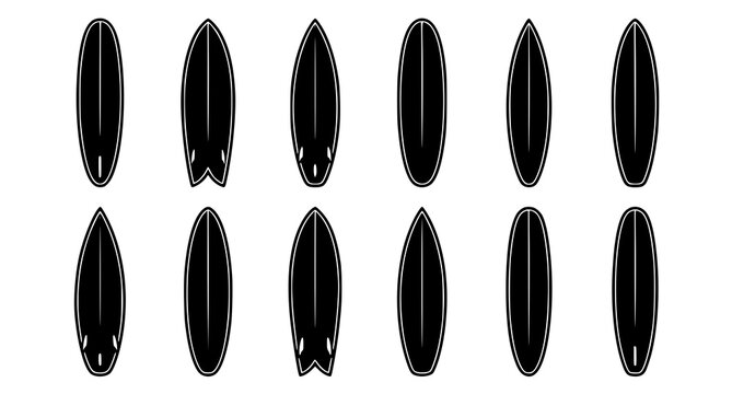 Black Surfboard Silhouettes Set with White Outline Surfing Board Vector Collection