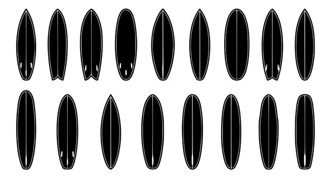 Surfboard Silhouette Collection Vector Set with White Outlines and Board Shapes