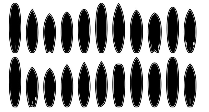 Surfboard Shape Silhouette Pack Vector Illustration with White Outline Board Designs