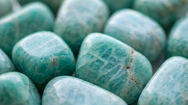 Macro view of polished green amazonite gemstones showing natural white streaks and smooth surface textures