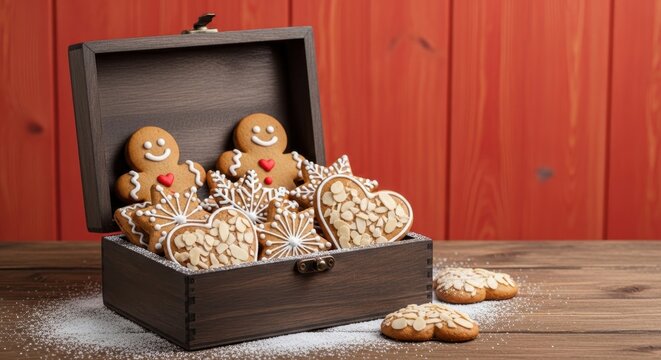 Festive gingerbread cookies and holiday treats overflowing from a rustic wooden box on a textured surface
