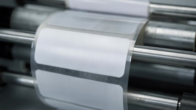 Closeup medium view of an automated machine laminating shipping labels with silicone liner highlighting texture and material quality during production.