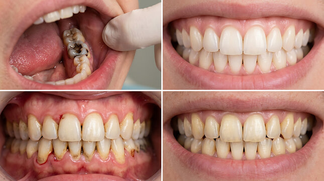 Four dental condition comparisons showing decay gum disease and healthy teeth mouth cavity