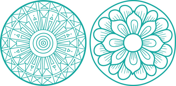 Two circular mandala ornaments with geometric flower patterns in simple line art style for decoration