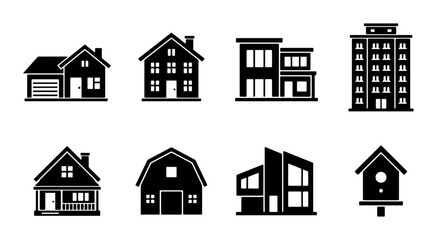 Diverse Building Icons Set: Residential Houses, Modern Architecture, Apartment Block, Barn, Birdhouse Vector Graphics © Shahin