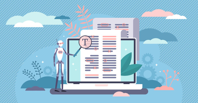 Robot proofreading flat tiny bot person concept vector illustration