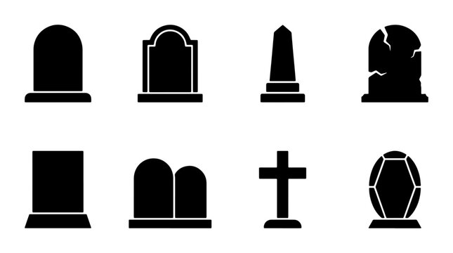 Set of 8 Black Silhouette Tombstone Icons, Gravestone Vector Graphics, Memorial Monument Shapes, Cemetery Marker Symbols