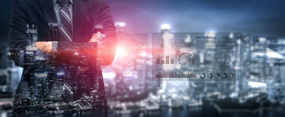 Business professional stands amidst a city skyline, showcasing digital data visualization, symbolizing modern corporate growth and technology integration in the financial sector. Ledger © InfiniteFlow