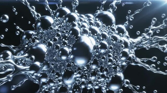 Abstract close-up of metallic liquid spheres in dynamic motion, exploding and splashing with shiny droplets. Ideal for science and technology themes.