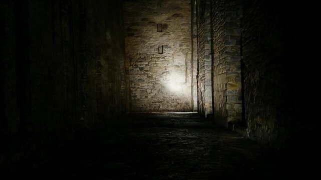 Mysterious Female Figure in Dark Medieval Passageway