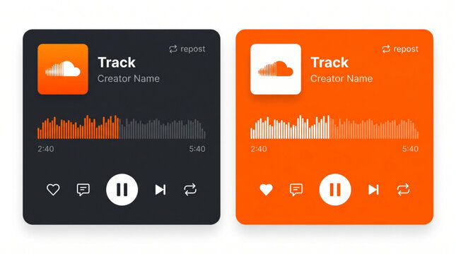 SoundCloud Style Music Player UI Mockup with Audio Waveform and Playback Controls. Orange and Dark Mode Podcast Application Interface Template with Play Pause Button and Creator Name Track Info.