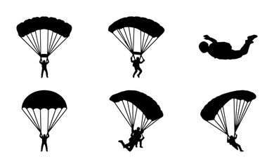 Skydiver Silhouette Set, Parachute Jumpers, Extreme Sports Vector Icons, Freefall Action Poses, Aerial Adventure Graphics © AbdullahAl
