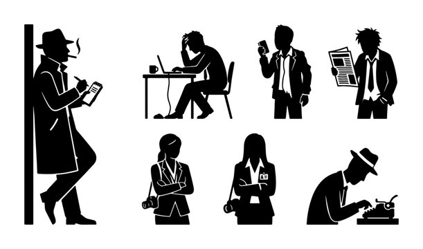 Detective Silhouette Icons, Journalist, Reporter, Investigator, Business People, Vintage Style Vector Set