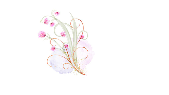 Delicate Pink Floral Swirls with Gold Accents and Watercolor Splashes
