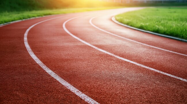 Red athletic running track curve with white lanes and green grass background