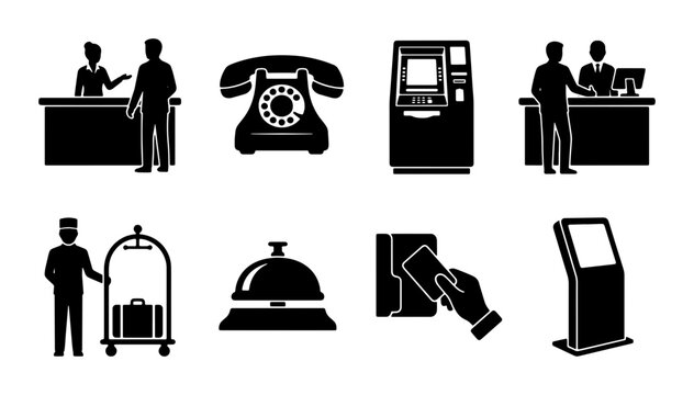 Hotel Service Icons: Receptionist, Bellhop, Rotary Phone, ATM, Service Bell, Kiosk, Payment Terminal