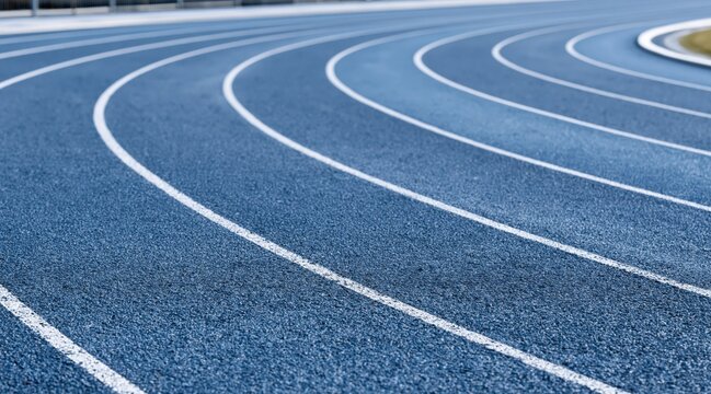 Blue running track curve with white lane lines