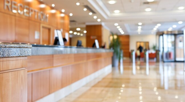 Modern reception desk in hotel lobby with blurred background