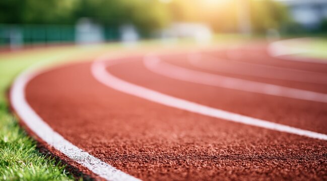 Red running track curve with white lines in outdoor stadium
