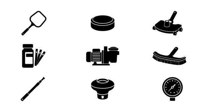 Pool Maintenance Icons: Pump, Skimmer, Brush, Test Kit, Gauge, Vector Graphics