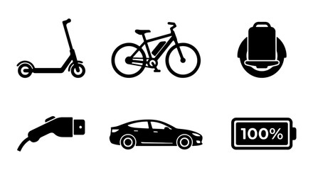 Electric Vehicle Icons: Scooter, Bicycle, Car, Charger, Battery, Unicycle Set © Mimi